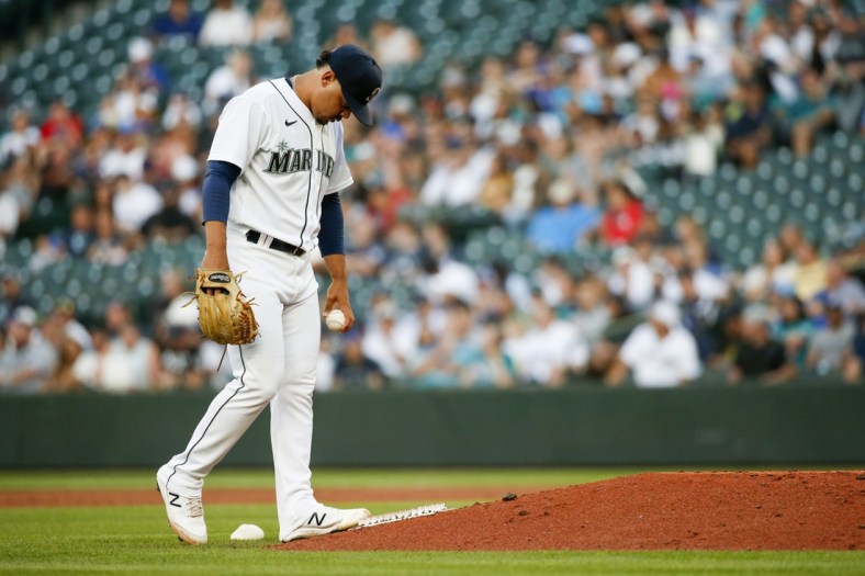 Jul 6, 2021; Seattle, Washington, USA; Seattle Mariners starting pitcher Justus Sheffield (33) walks around the mound after surrendering a run against the New York Yankees during the second inning at T-Mobile Park. Mandatory Credit: Joe Nicholson-USA TODAY Sports