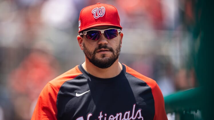 Jul 4, 2021; Washington, District of Columbia, USA; Washington Nationals Kyle Schwarber (12) looks on from the dugout during the game against the Los Angeles Dodgers at Nationals Park. Mandatory Credit: Scott Taetsch-USA TODAY Sports