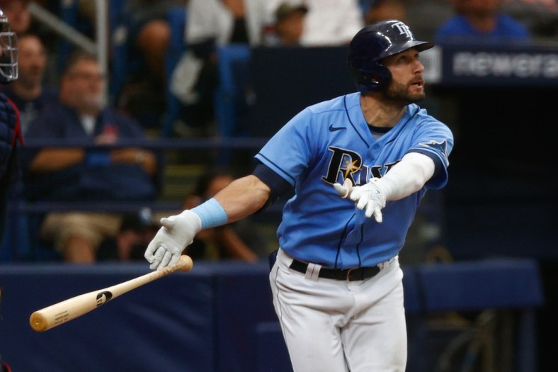 Jul 7, 2021; St. Petersburg, Florida, USA; Tampa Bay Rays center fielder Kevin Kiermaier (39) hits a three-run home run in the third inning against the Cleveland Indians at Tropicana Field. Mandatory Credit: Nathan Ray Seebeck-USA TODAY Sports