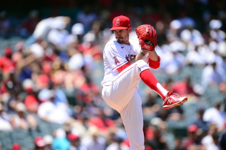 Jul 7, 2021; Anaheim, California, USA; Los Angeles Angels starting pitcher Andrew Heaney (28) throws against the Boston Red Sox during the third inning at Angel Stadium. Mandatory Credit: Gary A. Vasquez-USA TODAY Sports
