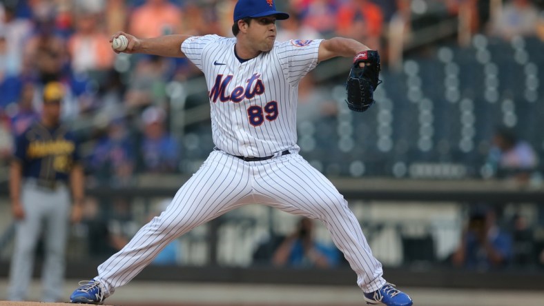 Jul 7, 2021; New York City, New York, USA; New York Mets starting pitcher Robert Stock (89) pitches against the Milwaukee Brewers during the first inning at Citi Field. Mandatory Credit: Brad Penner-USA TODAY Sports