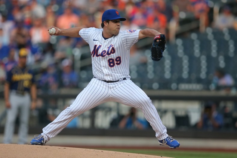 Jul 7, 2021; New York City, New York, USA; New York Mets starting pitcher Robert Stock (89) pitches against the Milwaukee Brewers during the first inning at Citi Field. Mandatory Credit: Brad Penner-USA TODAY Sports