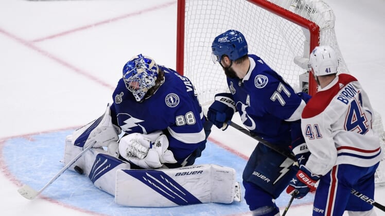Jul 7, 2021; Tampa, Florida, USA; Tampa Bay Lightning goaltender Andrei Vasilevskiy (88) makes a save against the Montreal Canadiens during the second period in game five of the 2021 Stanley Cup Final at Amalie Arena. Mandatory Credit: Douglas DeFelice-USA TODAY Sports