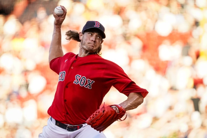 Jul 9, 2021; Boston, Massachusetts, USA; Boston Red Sox starting pitcher Garrett Richards (43) throws a pitch against the Philadelphia Phillies in the first inning at Fenway Park. Mandatory Credit: David Butler II-USA TODAY Sports