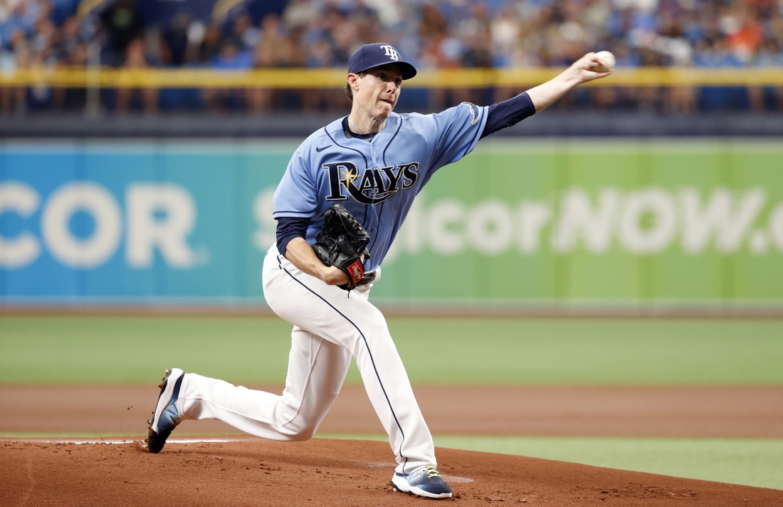 Jul 10, 2021; St. Petersburg, Florida, USA; Tampa Bay Rays starting pitcher Ryan Yarbrough (48) throws a pitch against the Toronto Blue Jays during the first inning at Tropicana Field. Mandatory Credit: Kim Klement-USA TODAY Sports