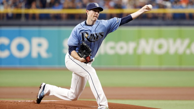 Jul 10, 2021; St. Petersburg, Florida, USA; Tampa Bay Rays starting pitcher Ryan Yarbrough (48) throws a pitch against the Toronto Blue Jays during the first inning at Tropicana Field. Mandatory Credit: Kim Klement-USA TODAY Sports