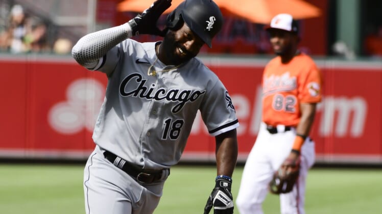 Jul 10, 2021; Baltimore, Maryland, USA;  Chicago White Sox left fielder Brian Goodwin (18) runs out a second inning solo home against the Baltimore Orioles in the second inning at Oriole Park at Camden Yards. Mandatory Credit: Tommy Gilligan-USA TODAY Sports