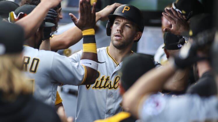 Jul 10, 2021; New York City, New York, USA;  Pittsburgh Pirates pitcher Tyler Anderson (31) is congratulated in the dugout after hitting a home run in the fifth inning against the New York Mets at Citi Field. Mandatory Credit: Wendell Cruz-USA TODAY Sports