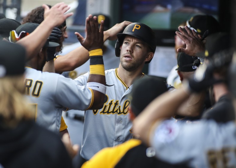 Jul 10, 2021; New York City, New York, USA;  Pittsburgh Pirates pitcher Tyler Anderson (31) is congratulated in the dugout after hitting a home run in the fifth inning against the New York Mets at Citi Field. Mandatory Credit: Wendell Cruz-USA TODAY Sports