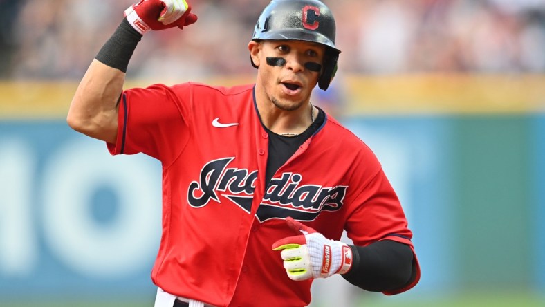 Jul 10, 2021; Cleveland, Ohio, USA; Cleveland Indians second baseman Cesar Hernandez (7) rounds the bases after hitting a home run against the Kansas City Royals during the fourth inning at Progressive Field. Mandatory Credit: Ken Blaze-USA TODAY Sports