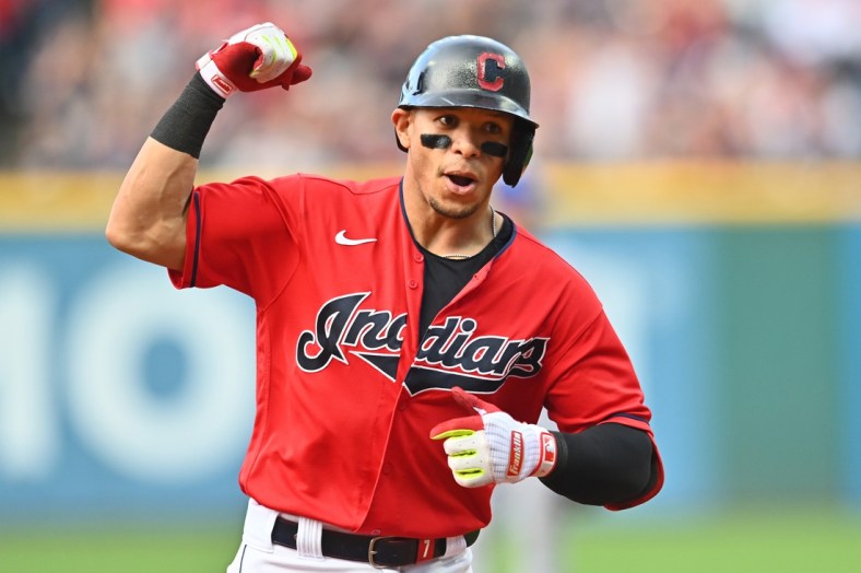 Jul 10, 2021; Cleveland, Ohio, USA; Cleveland Indians second baseman Cesar Hernandez (7) rounds the bases after hitting a home run against the Kansas City Royals during the fourth inning at Progressive Field. Mandatory Credit: Ken Blaze-USA TODAY Sports