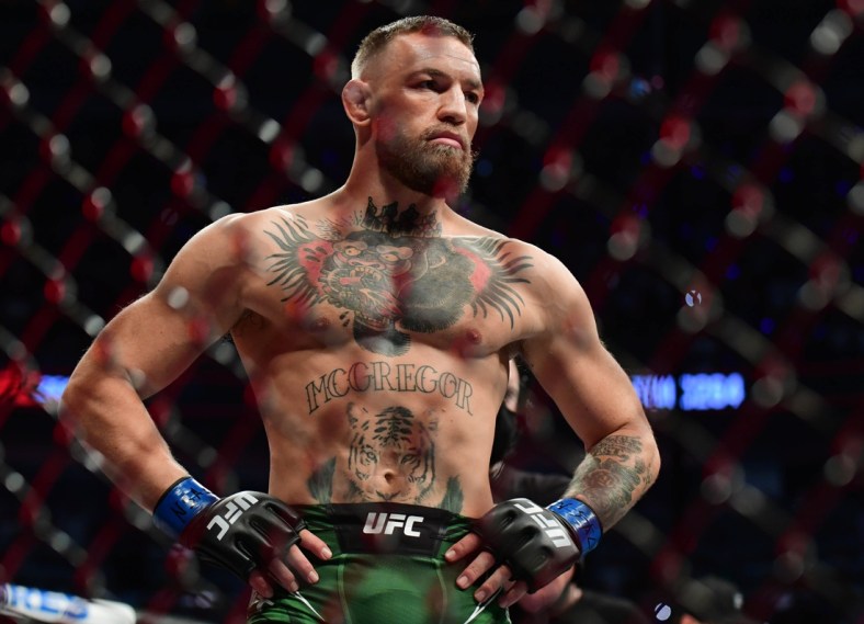 Jul 10, 2021; Las Vegas, Nevada, USA; Conor McGregor before fighting Dustin Poirier during UFC 264 at T-Mobile Arena. Mandatory Credit: Gary A. Vasquez-USA TODAY Sports