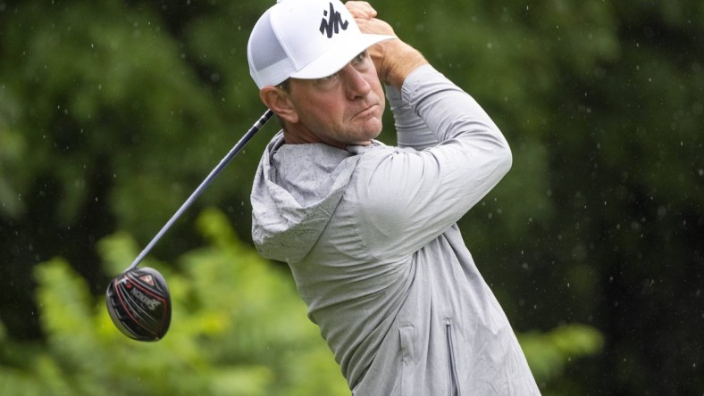 Jul 11, 2021; Silvis, Illinois, USA; Lucas Glover tees off on the second hole during the final round of the John Deere Classic golf tournament. Mandatory Credit: Marc Lebryk-USA TODAY Sports