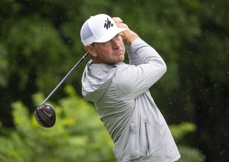 Jul 11, 2021; Silvis, Illinois, USA; Lucas Glover tees off on the second hole during the final round of the John Deere Classic golf tournament. Mandatory Credit: Marc Lebryk-USA TODAY Sports