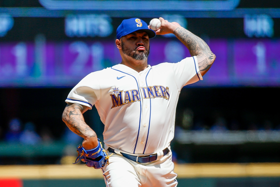 Jul 11, 2021; Seattle, Washington, USA; Seattle Mariners starting pitcher Hector Santiago (57) throws against the Los Angeles Angels during the first inning at T-Mobile Park. Mandatory Credit: Jennifer Buchanan-USA TODAY Sports