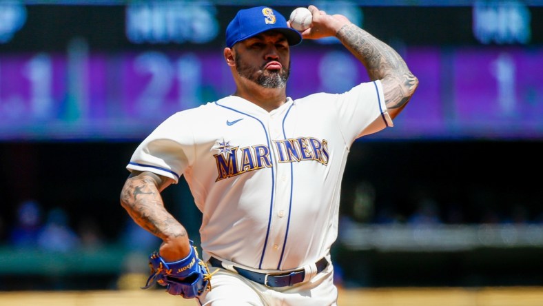 Jul 11, 2021; Seattle, Washington, USA; Seattle Mariners starting pitcher Hector Santiago (57) throws against the Los Angeles Angels during the first inning at T-Mobile Park. Mandatory Credit: Jennifer Buchanan-USA TODAY Sports