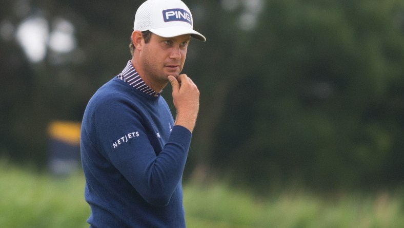 Jul 12, 2021; Sandwich, England, GBR; Harris English reacts on the practice area during a practice round for the Open Championship golf tournament at Royal St. George's Golf Course. Mandatory Credit: Sandra Mailer-USA TODAY Sports