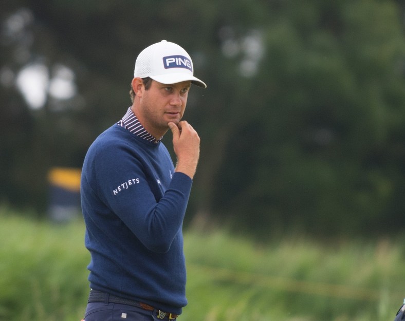 Jul 12, 2021; Sandwich, England, GBR; Harris English reacts on the practice area during a practice round for the Open Championship golf tournament at Royal St. George's Golf Course. Mandatory Credit: Sandra Mailer-USA TODAY Sports