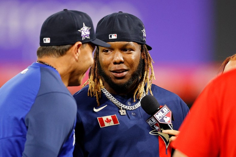 Jul 13, 2021; Denver, Colorado, USA; American League first baseman Vladimir Guerrero Jr. of the Toronto Blue Jays (27) is interviewed after winning the 2021 MLB All Star Game MVP award after their 5-2 win over the National League in the 2021 MLB All Star Game at Coors Field. Mandatory Credit: Isaiah J. Downing-USA TODAY Sports