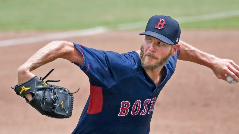 Boston Red Sox pitcher Chris Sale, 32, pitching in the second inning against the Orioles during a Florida Complex League (FCL) rookie-level Minor League Baseball league on Thursday, July 15, 2021, at Ed Smith Stadium in Sarasota, Florida.

Flsar 071621 Sp Bbasale 03