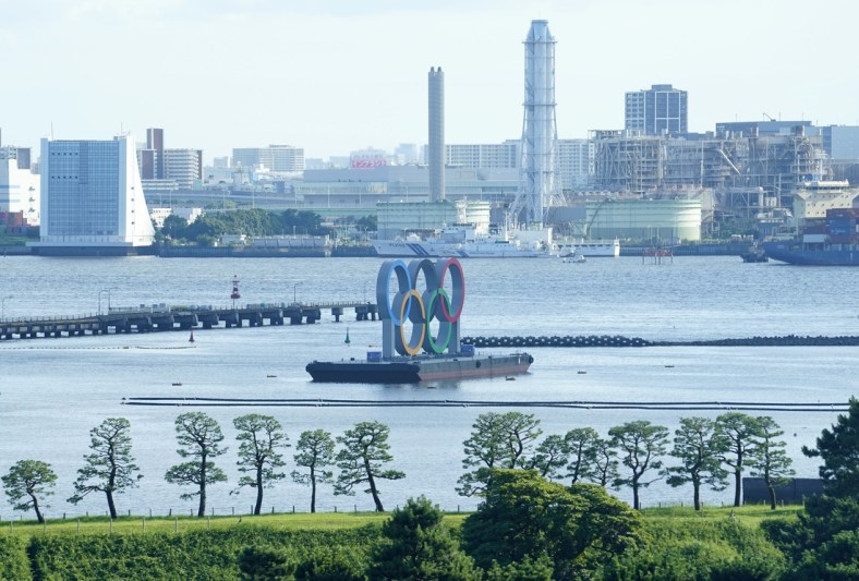 July 16, 2021; Tokyo, JAPAN;  General view of the Olympic rings seen in Tokyo Bay before the Tokyo 2020 Summer Olympic Games. Mandatory Credit: Rob Schumacher-USA TODAY Sports