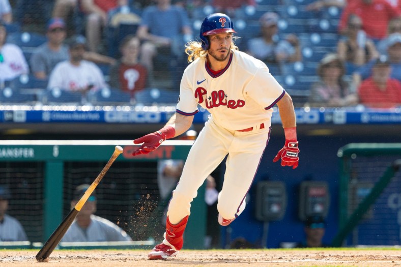 Jul 16, 2021; Philadelphia, Pennsylvania, USA; Philadelphia Phillies center fielder Travis Jankowski (9) hits a three RBI double during the first inning against the Miami Marlins at Citizens Bank Park. Mandatory Credit: Bill Streicher-USA TODAY Sports