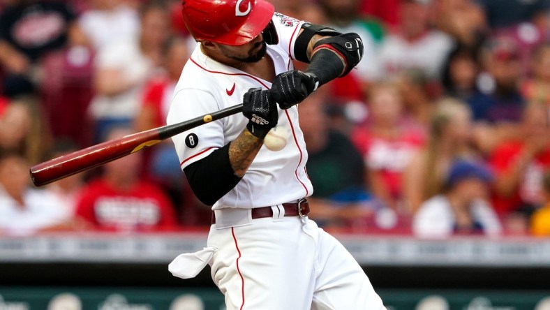 Cincinnati Reds right fielder Nick Castellanos (2) is hit by a pitch during the third inning of a baseball game against the Milwaukee Brewers, Friday, July 16, 2021, at Great American Ball Park in Cincinnati. The Milwaukee Brewers won, 11-6.

Milwaukee Brewers At Cincinnati Reds July 16