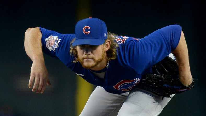 Jul 16, 2021; Phoenix, Arizona, USA; Chicago Cubs relief pitcher Craig Kimbrel (46) pitches against the Arizona Diamondbacks during the ninth inning at Chase Field. Mandatory Credit: Joe Camporeale-USA TODAY Sports