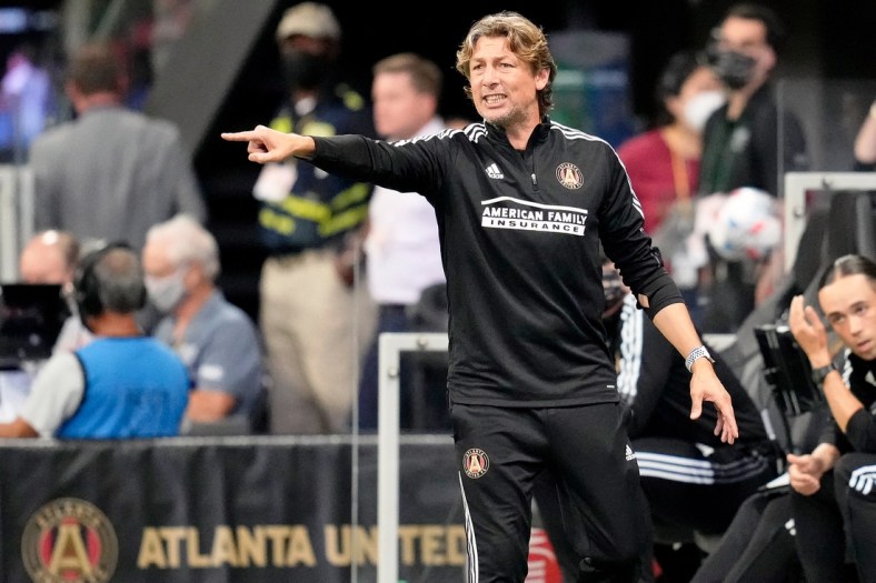 Jul 17, 2021; Atlanta, Georgia, USA; Atlanta United head coach Gabriel Heinze directs his team during the second half of their game against the New England Revolution at Mercedes-Benz Stadium. Mandatory Credit: Dale Zanine-USA TODAY Sports