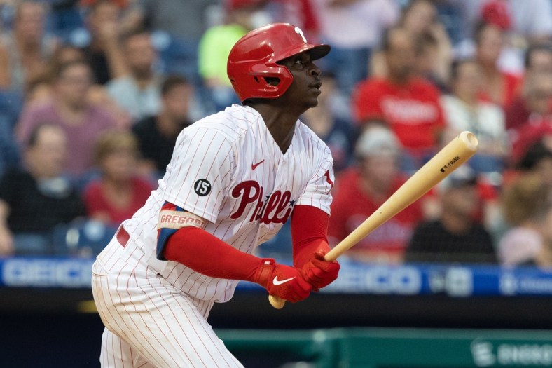 Jul 17, 2021; Philadelphia, Pennsylvania, USA; Philadelphia Phillies shortstop Didi Gregorius (18) hits a single during the fourth inning against the Miami Marlins at Citizens Bank Park. Mandatory Credit: Bill Streicher-USA TODAY Sports