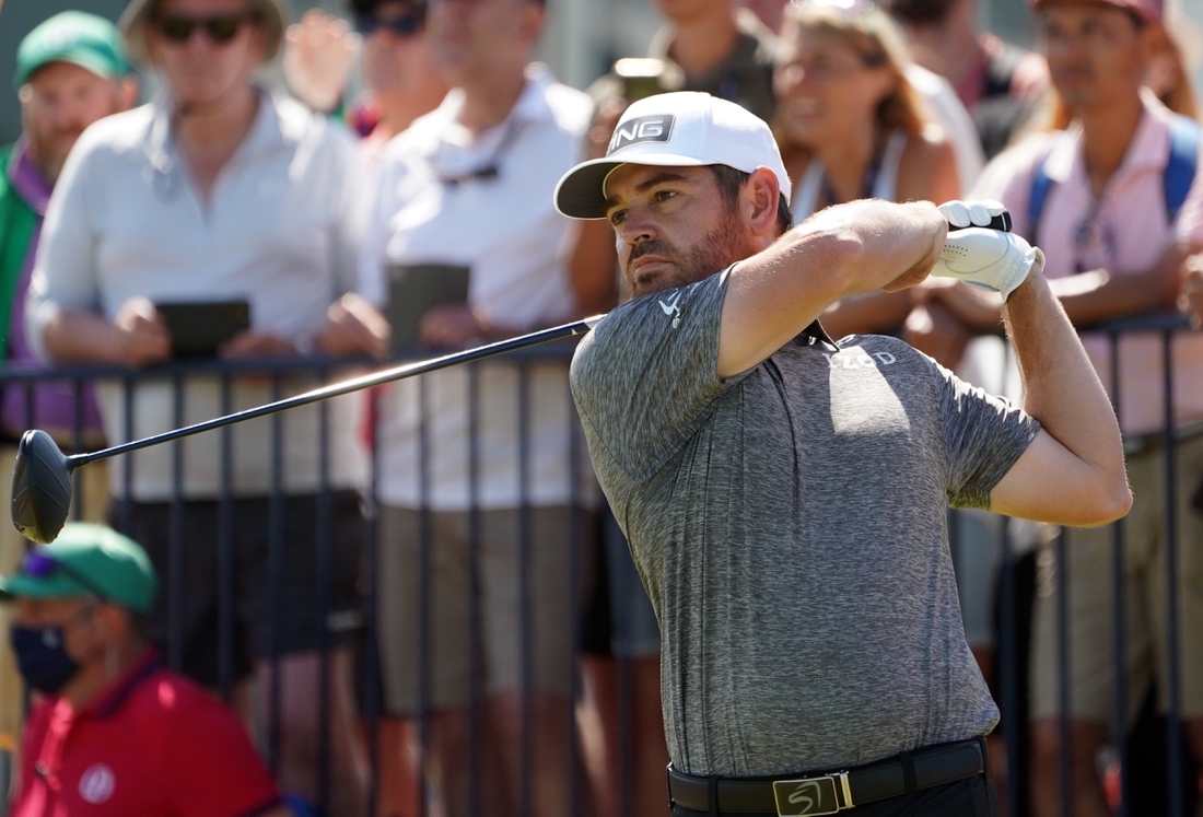 Jul 18, 2021; Sandwich, England, GBR; Louis Oosthuizen  plays his shot from the second tee during the final round of the Open Championship golf tournament. Mandatory Credit: Peter van den Berg-USA TODAY Sports