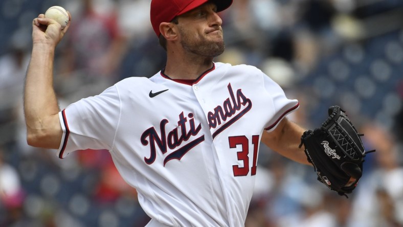 Jul 18, 2021; Washington, District of Columbia, USA; Washington Nationals starting pitcher Max Scherzer (31) throws to the San Diego Padres during the first inning at Nationals Park. Mandatory Credit: Brad Mills-USA TODAY Sports