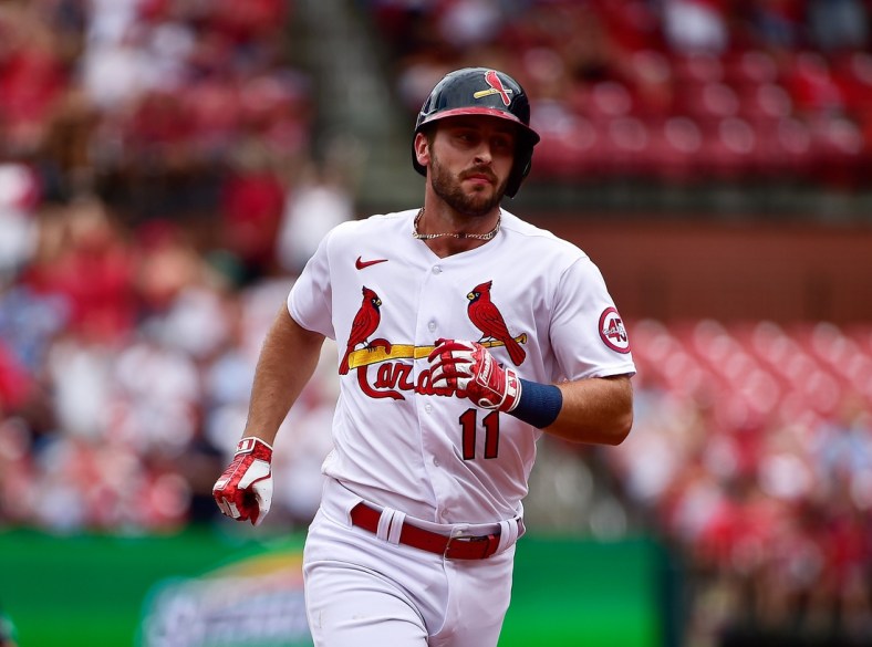 Jul 18, 2021; St. Louis, Missouri, USA;  St. Louis Cardinals shortstop Paul DeJong (11) runs the bases after hitting a solo home run off of San Francisco Giants starting pitcher Johnny Cueto (not pictured) during the third inning at Busch Stadium. Mandatory Credit: Jeff Curry-USA TODAY Sports