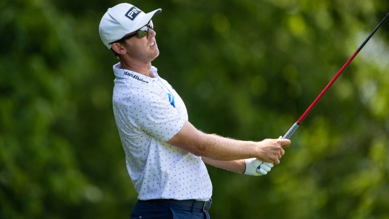 Jul 18, 2021; Nicholasville, Kentucky, USA; Seamus Power hits his tee shot on the third hole during the final round of the Barbasol Championship golf tournament. Mandatory Credit: Jordan Prather-USA TODAY Sports