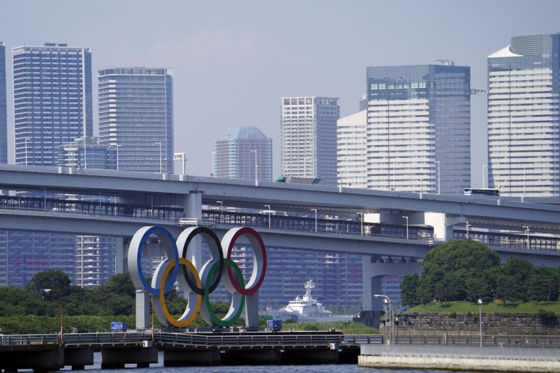 July 19, 2021; Tokyo, JAPAN;  A general view of the Olympic Rings and Olympic Village as seen from near Odaiba before the Tokyo 2020 Summer Olympic Games. Mandatory Credit: Mandi Wright-USA TODAY Sports
