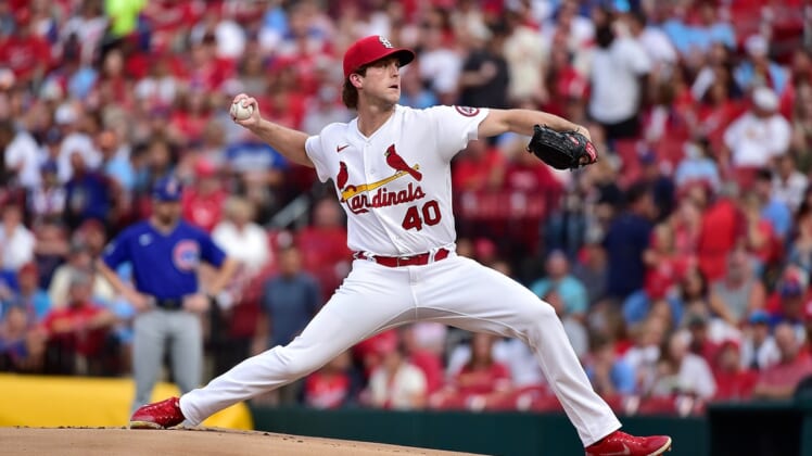 Jul 19, 2021; St. Louis, Missouri, USA;  St. Louis Cardinals starting pitcher Jake Woodford (40) pitches during the first inning against the Chicago Cubs at Busch Stadium. Mandatory Credit: Jeff Curry-USA TODAY Sports