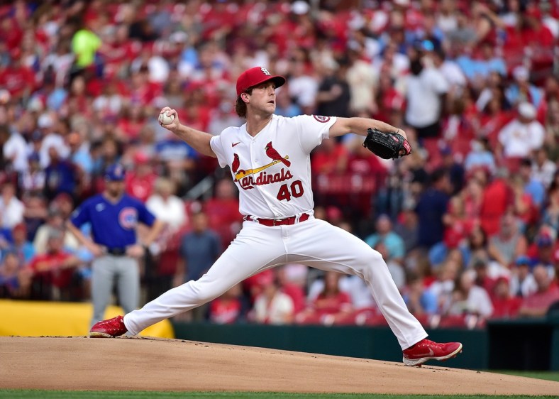 Jul 19, 2021; St. Louis, Missouri, USA;  St. Louis Cardinals starting pitcher Jake Woodford (40) pitches during the first inning against the Chicago Cubs at Busch Stadium. Mandatory Credit: Jeff Curry-USA TODAY Sports