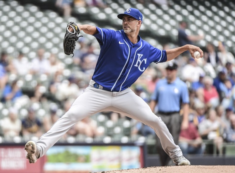 Jul 20, 2021; Milwaukee, Wisconsin, USA; Kansas City Royals pitcher Mike Minor (23) throws against the Milwaukee Brewers in the first inning at American Family Field. Mandatory Credit: Benny Sieu-USA TODAY Sports