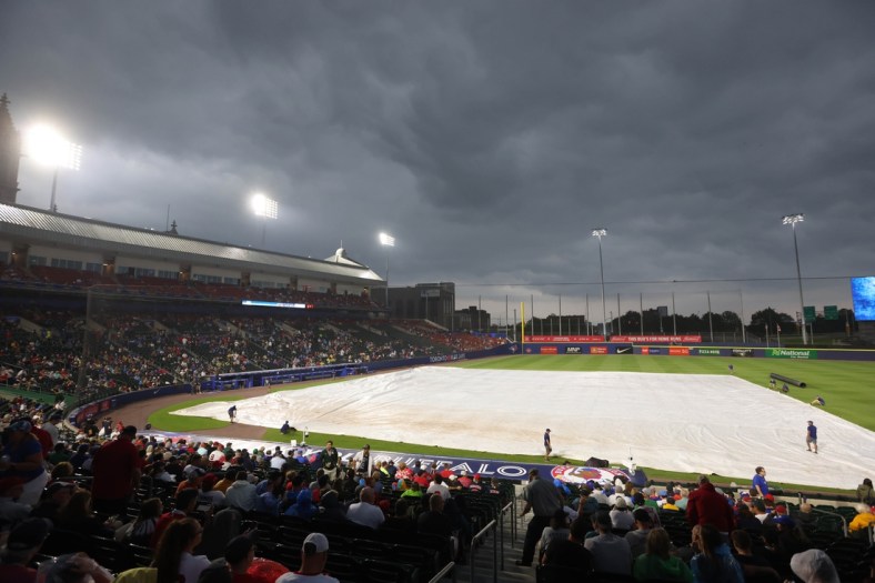 Jul 20, 2021; Buffalo, New York, USA;  Tonights game between the Toronto Blue Jays and the Boston Red Sox at Sahlen Field is canceled due to weather. Mandatory Credit: Timothy T. Ludwig-USA TODAY Sports