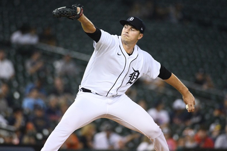 Jul 20, 2021; Detroit, Michigan, USA; Detroit Tigers starting pitcher Tarik Skubal (29) pitches the ball during the first inning against the Texas Rangers at Comerica Park. Mandatory Credit: Tim Fuller-USA TODAY Sports