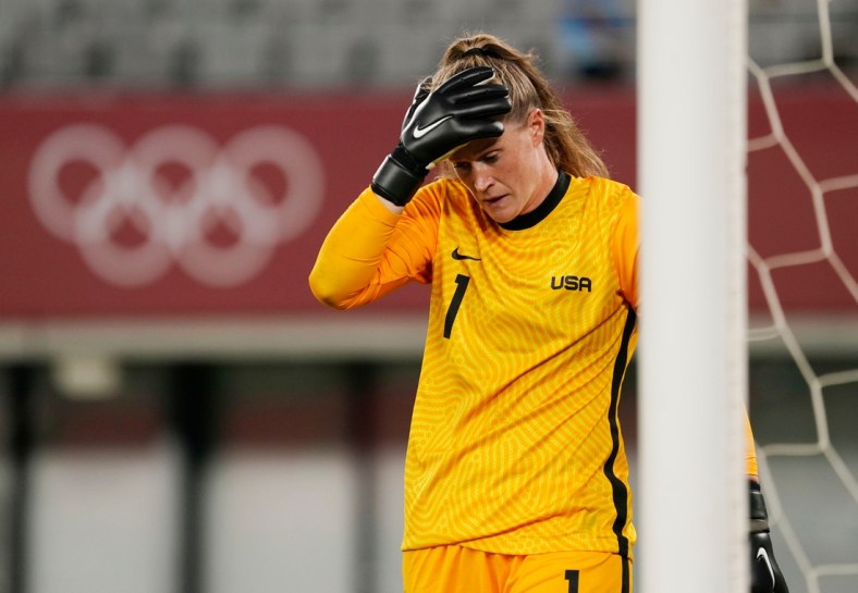 U.S. goalkeeper Alyssa Naeher (1) reacts after a goal by Sweden midfielder Lina Hurtig (not pictured) during the Tokyo 2020 Olympic Games at Tokyo Stadium.

2021-7-21-alyssa-naeher
