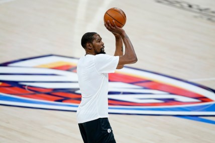 Brooklyn's Kevin Durant shoots the ball before the Nets' game against the Thunder on Jan. 29 at Chesapeake Energy Arena.