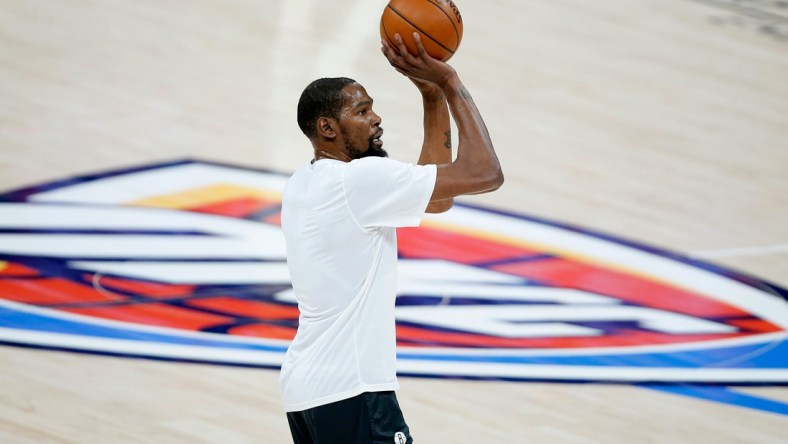 Brooklyn's Kevin Durant shoots the ball before the Nets' game against the Thunder on Jan. 29 at Chesapeake Energy Arena.