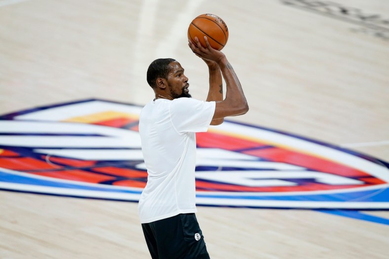 Brooklyn's Kevin Durant shoots the ball before the Nets' game against the Thunder on Jan. 29 at Chesapeake Energy Arena.