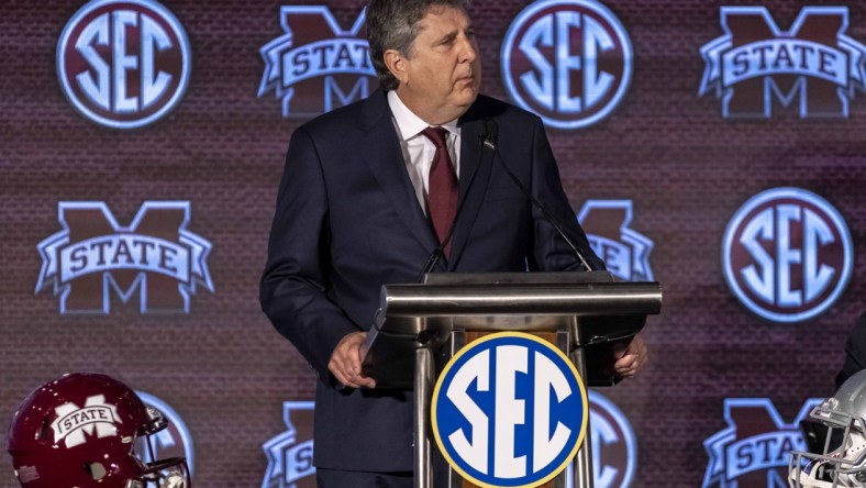 Jul 21, 2021; Hoover, Alabama, USA; Mississippi State Bulldogs head coach Mike Leach speaks to the media during SEC Media Days at Hyatt Regency Birmingham. Mandatory Credit: Vasha Hunt-USA TODAY Sports