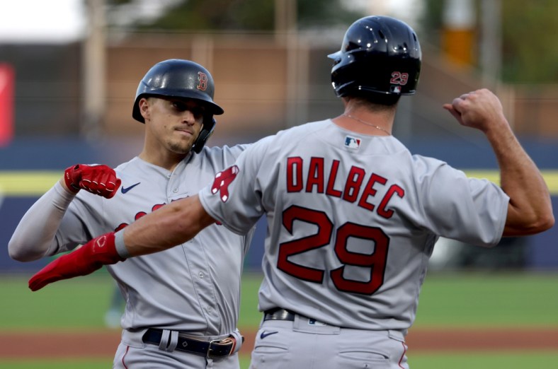 Jul 21, 2021; Buffalo, New York, USA;  Boston Red Sox center fielder Enrique Hernandez (5) celebrates his two run home run with first baseman Bobby Dalbec (29) during the third inning against Toronto Blue Jays at Sahlen Field. Mandatory Credit: Timothy T. Ludwig-USA TODAY Sports