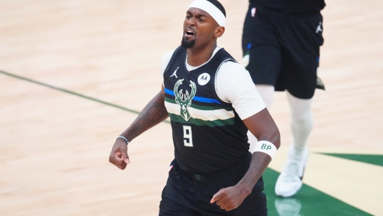 Jul 20, 2021; Milwaukee, Wisconsin, USA; Milwaukee Bucks center Bobby Portis (9) celebrates during game six of the 2021 NBA Finals against the Phoenix Suns at Fiserv Forum. Mandatory Credit: Mark J. Rebilas-USA TODAY Sports