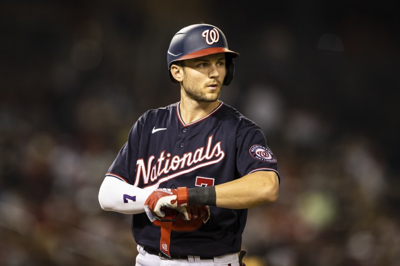 Jul 16, 2021; Washington, District of Columbia, USA; Washington Nationals shortstop Trea Turner (7) looks on during the game against the San Diego Padres at Nationals Park. Mandatory Credit: Scott Taetsch-USA TODAY Sports