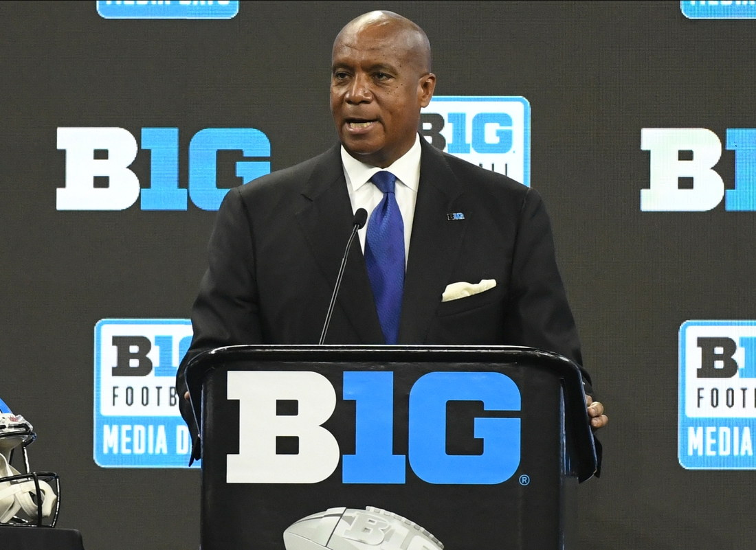 Jul 22, 2021; Indianapolis, Indiana, USA;  Big 10 commissioner Kevin Warren speaks to the media during Big 10 media days at Lucas Oil Stadium. Mandatory Credit: Robert Goddin-USA TODAY Sports