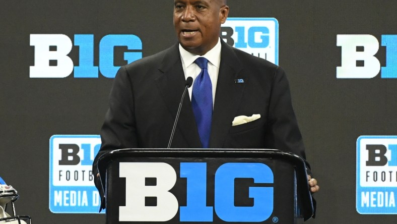 Jul 22, 2021; Indianapolis, Indiana, USA;  Big 10 commissioner Kevin Warren speaks to the media during Big 10 media days at Lucas Oil Stadium. Mandatory Credit: Robert Goddin-USA TODAY Sports